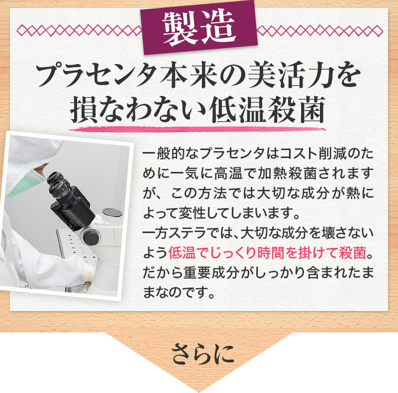 製造：プラセンタ本来の美活力を損なわない低温殺菌
